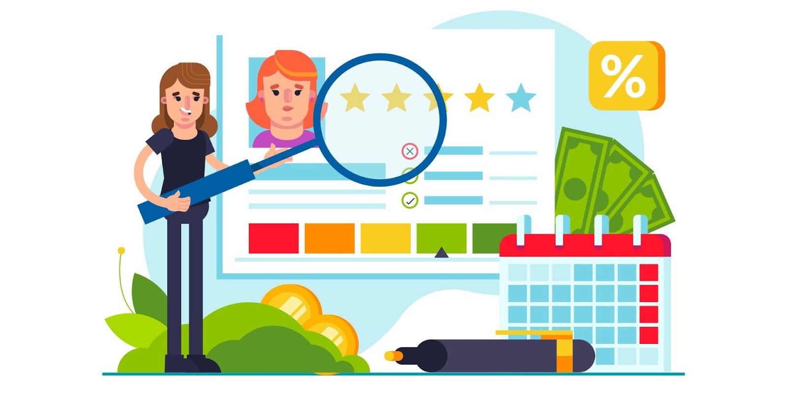 Woman reviewing credit report profile with ratings and interest rates for auto loan qualification