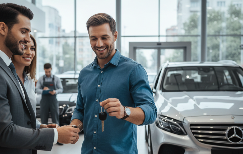 Comprador recibiendo llaves de auto nuevo tras completar un trade in de carros en concesionario