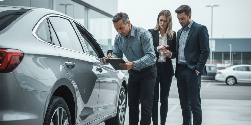 Vendedor de concesionario inspeccionando auto usado mientras pareja observa el proceso de trade in