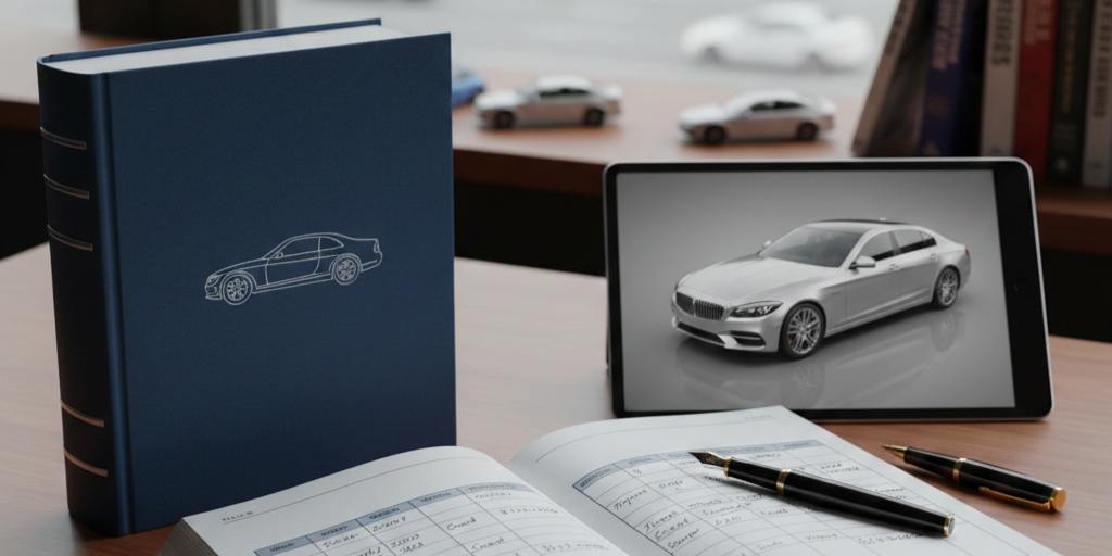 Libro azul de autos junto a tablet mostrando el valor de un vehículo para trade in