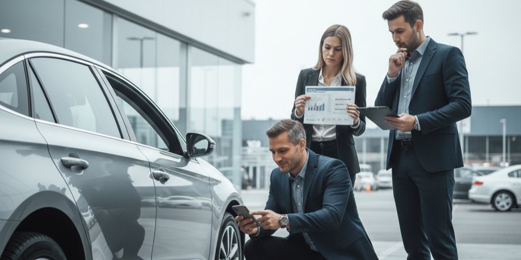Concesionarios de autos determinando el valor de intercambio de un vehículo usado con gráficas
