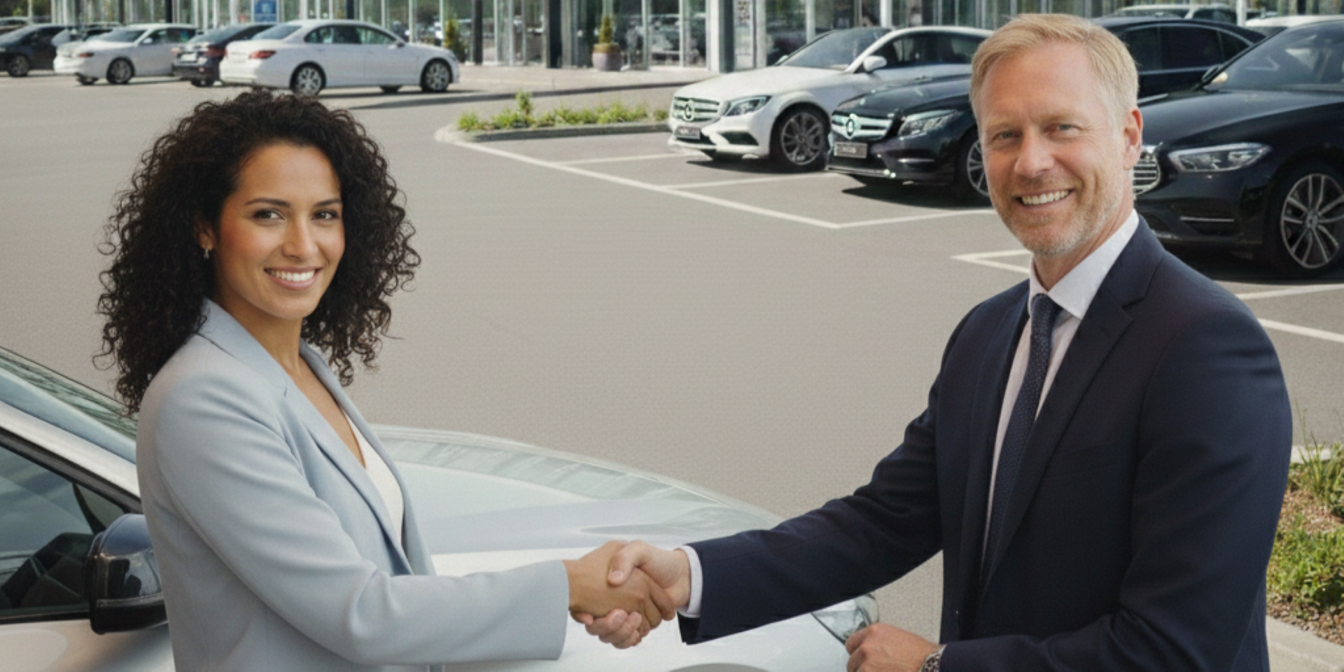 Confident buyer shaking hands with dealer after learning how to negotiate a car lease deal at dealership