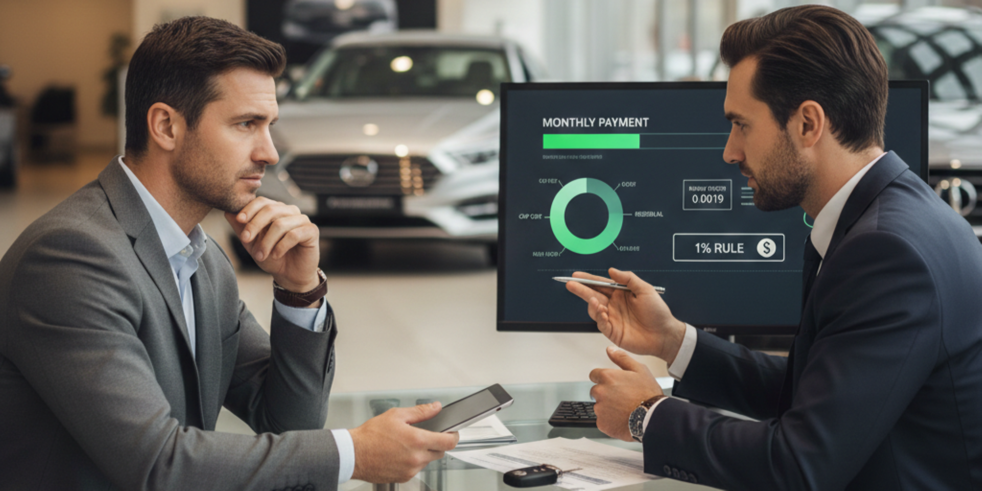 Buyer reviewing monthly payment breakdown and money factor with dealer to get the best deal on a car lease