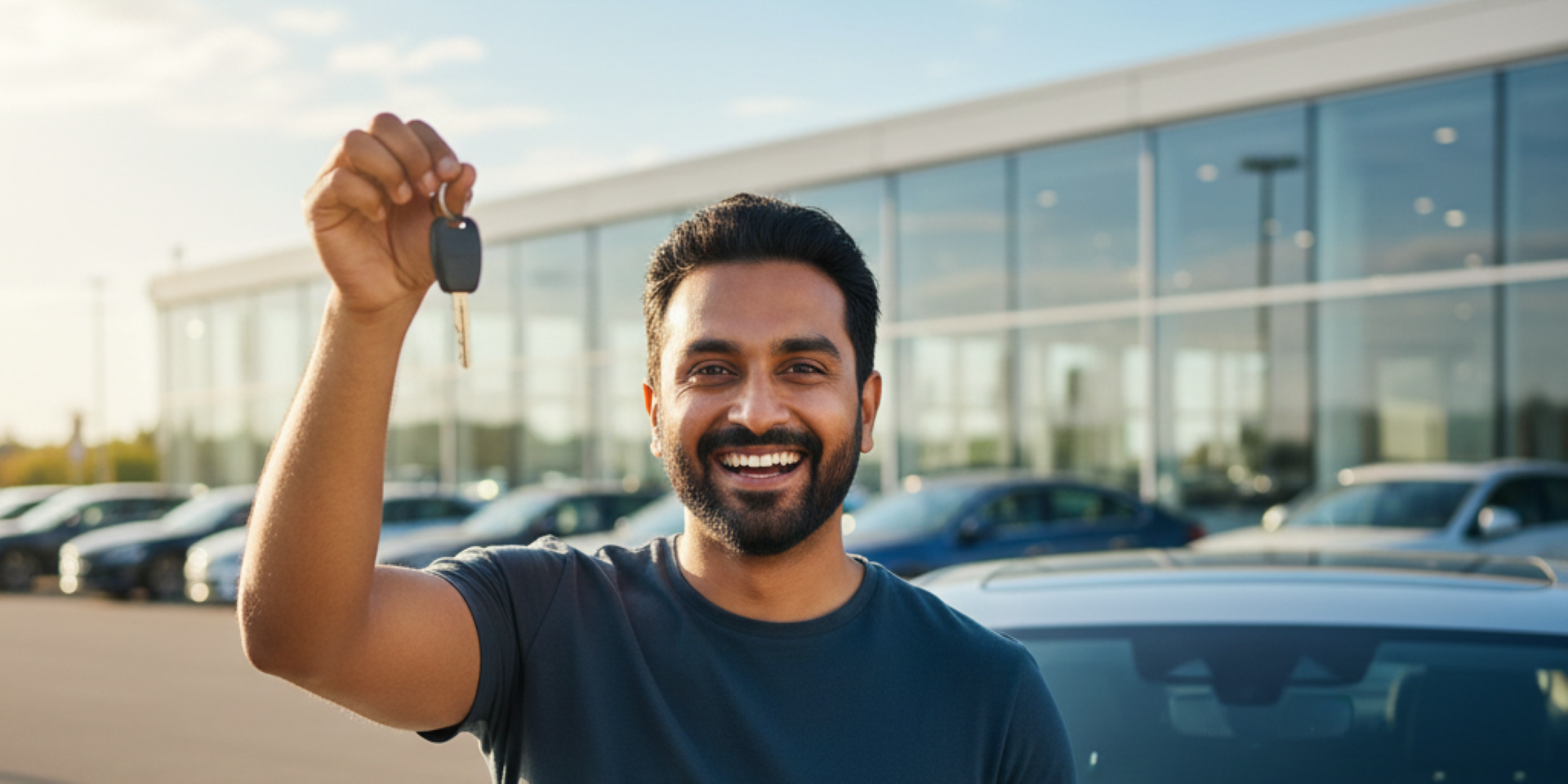 Happy customer holding car keys after securing the best car lease deals at a Los Angeles dealership