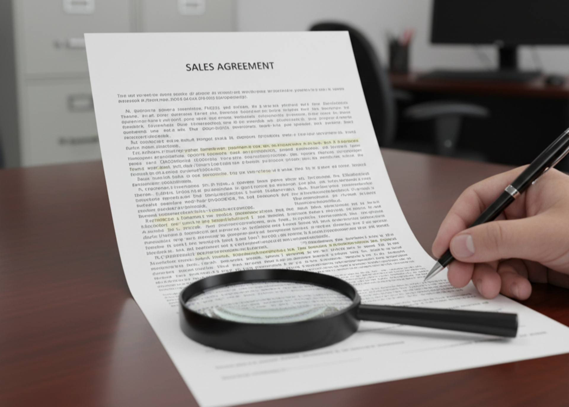 Revisión detallada de contrato de venta de auto con lupa para identificar cargos ocultos