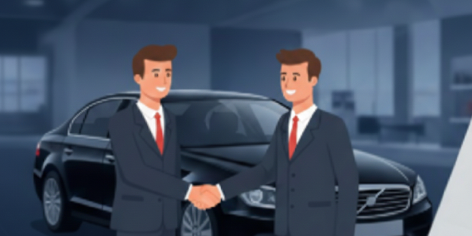 Ilustración de acuerdo exitoso entre comprador y vendedor de autos en concesionario