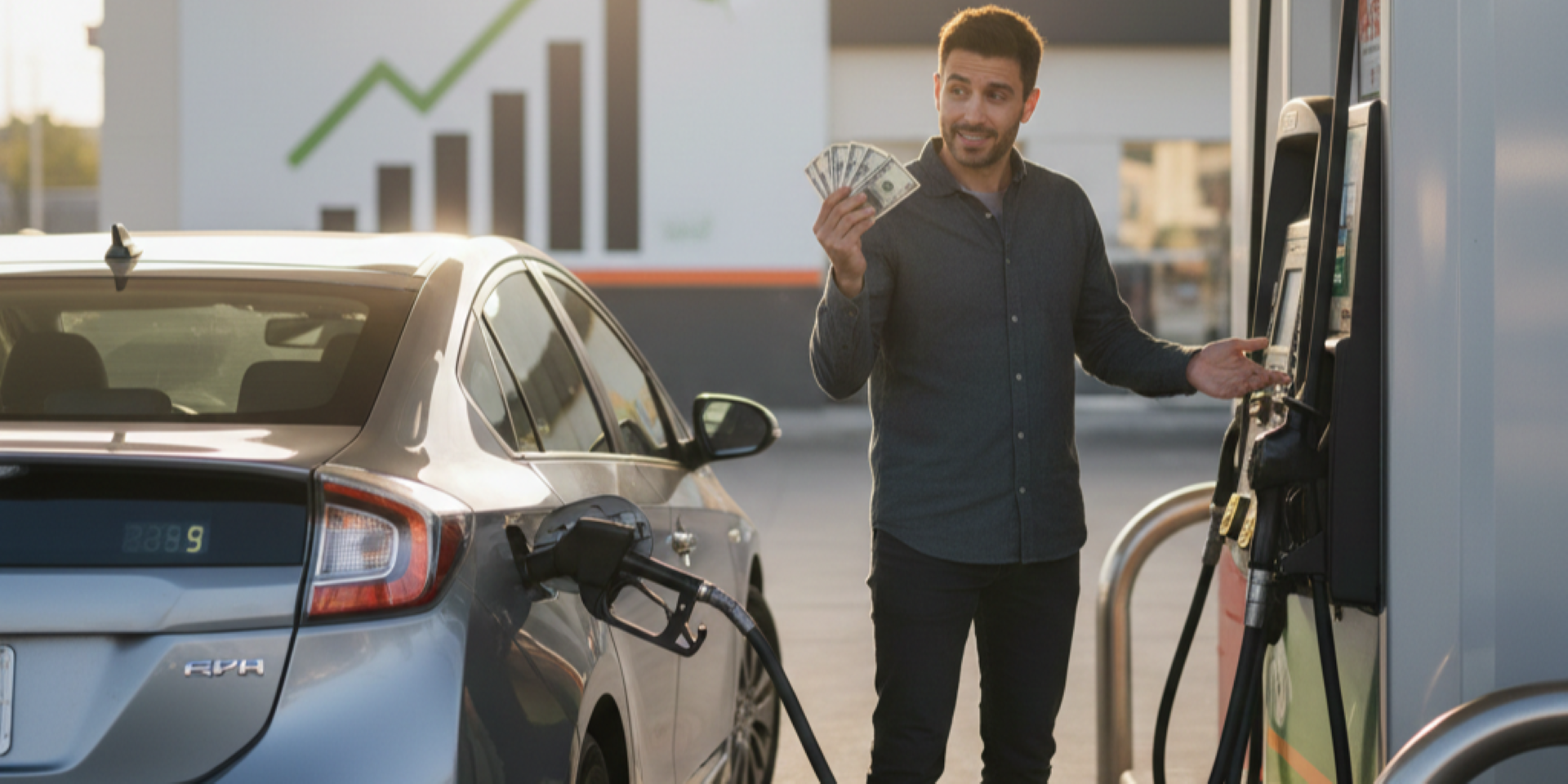 Happy driver saving money at gas station with best mpg car showing fuel efficiency savings