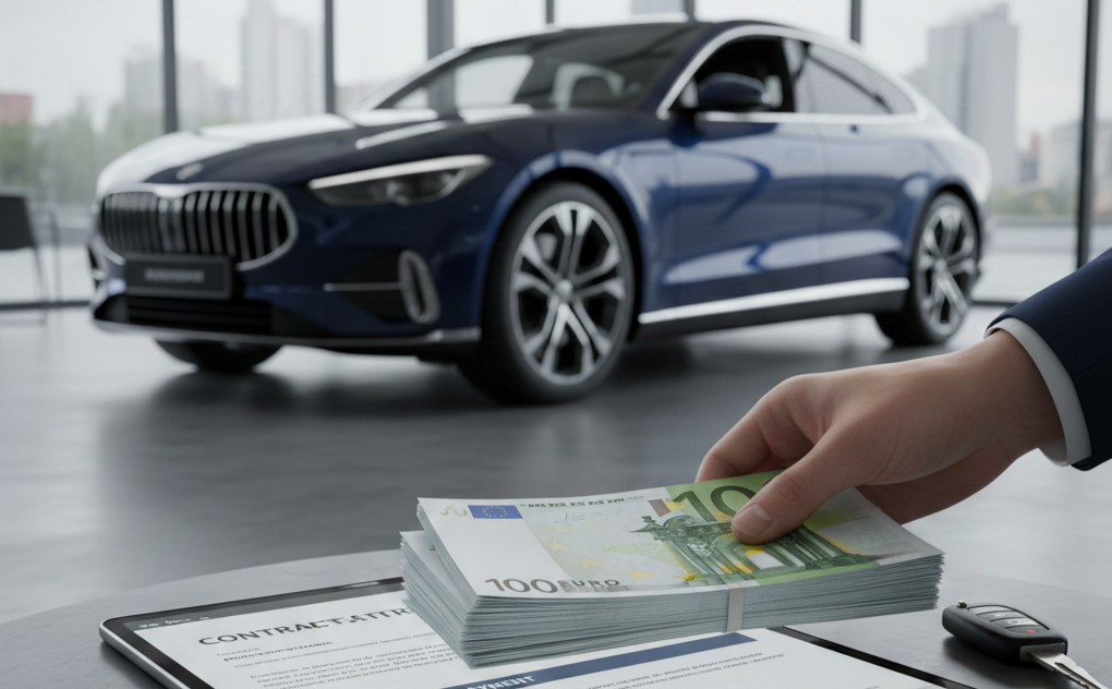 Mano entregando efectivo como pago inicial de leasing con auto de lujo azul y contrato de fondo