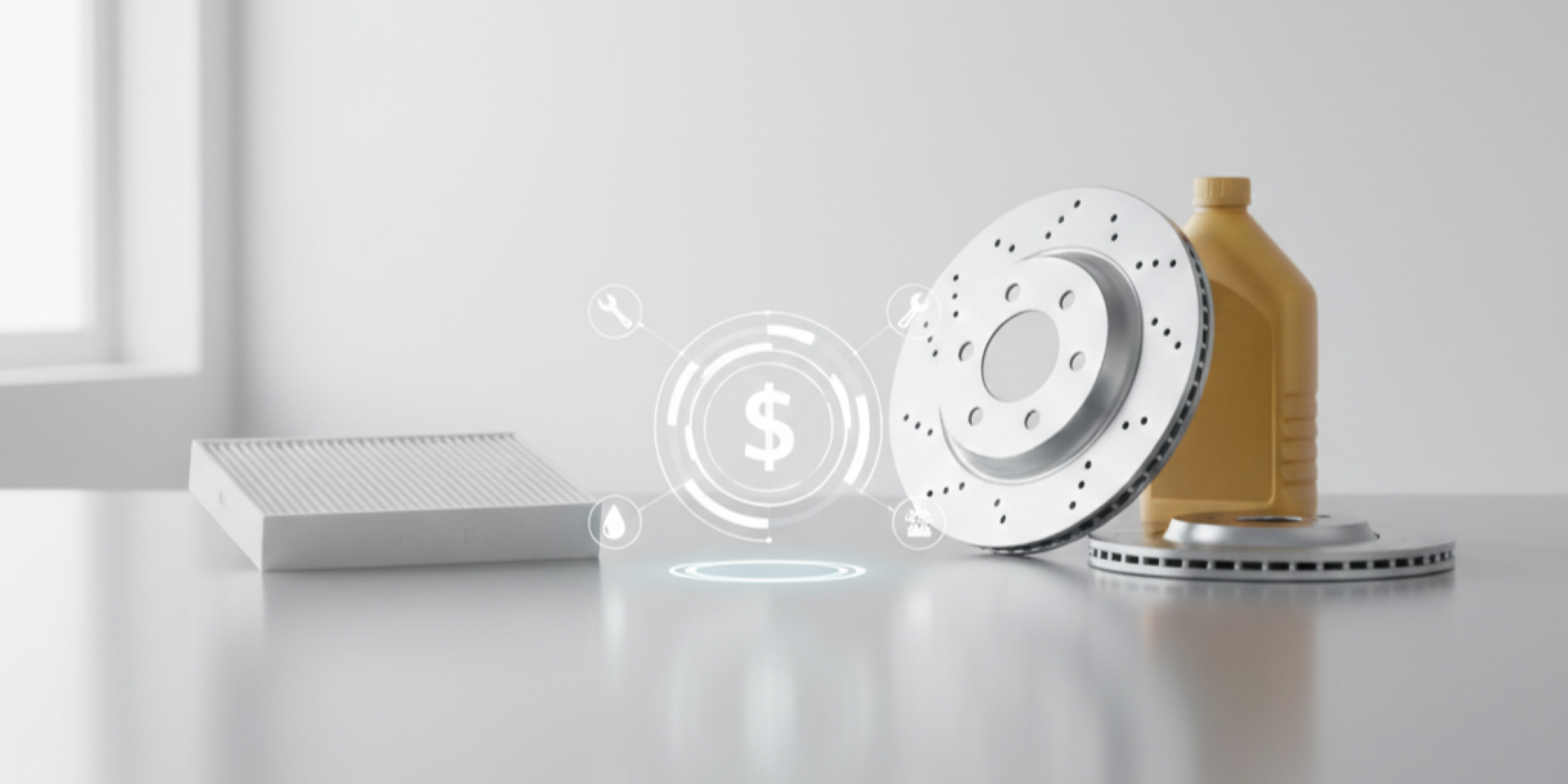 Brake rotor oil and air filter with dollar sign showing average car maintenance cost