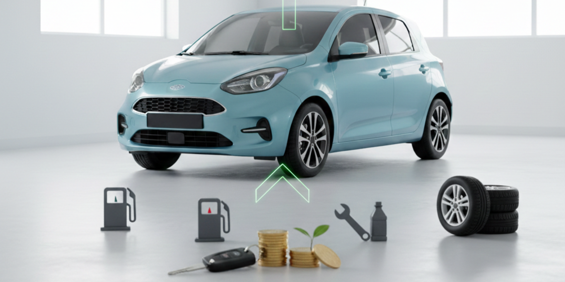 Compact car with fuel pump coins wrench and tires representing car cost of ownership