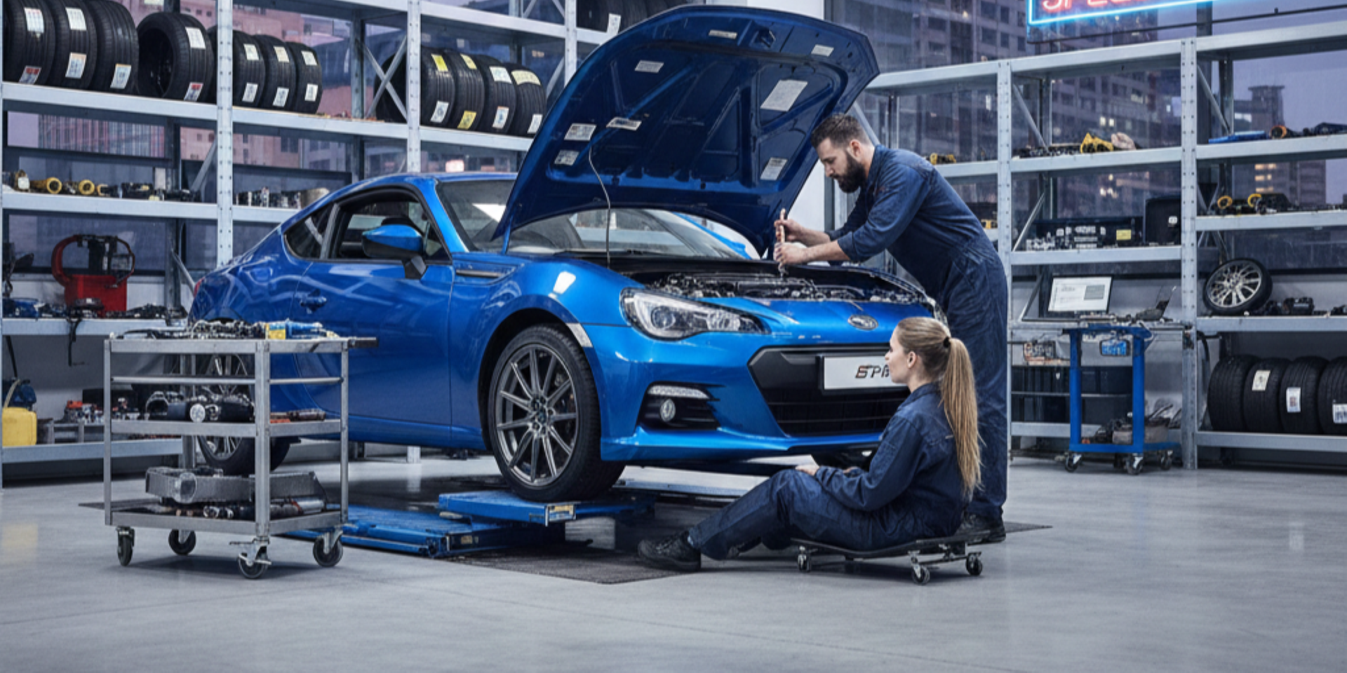 Two mechanics performing typical annual maintenance on a blue sports car in a professional garage