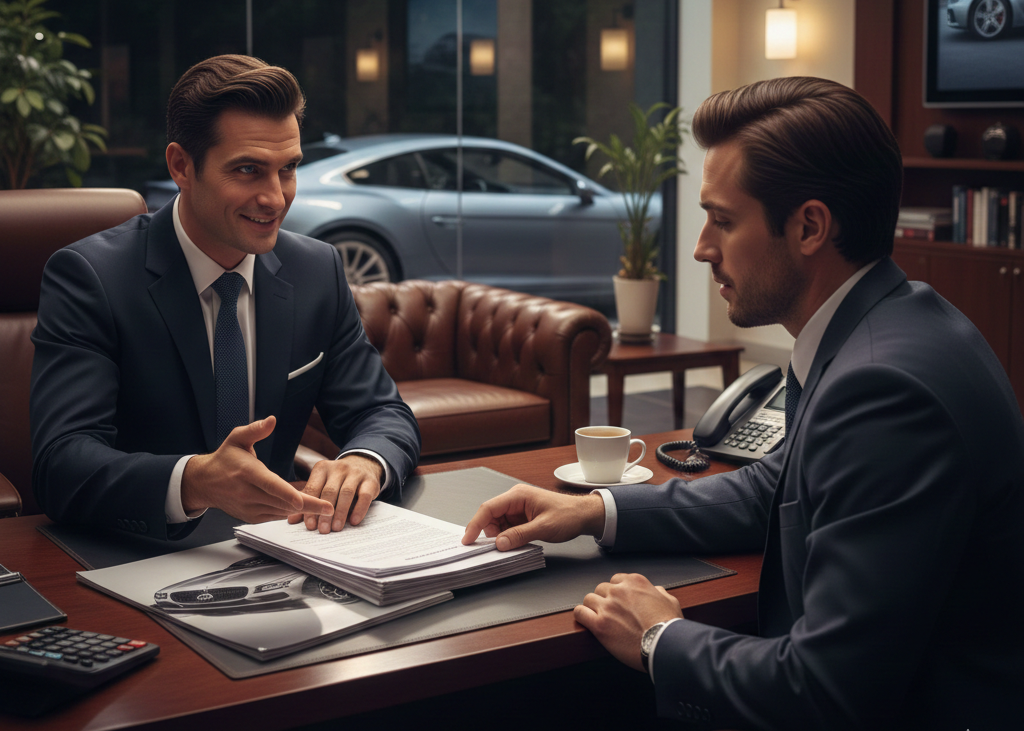 Car dealer discussing hidden dealer incentives with buyer at dealership office desk