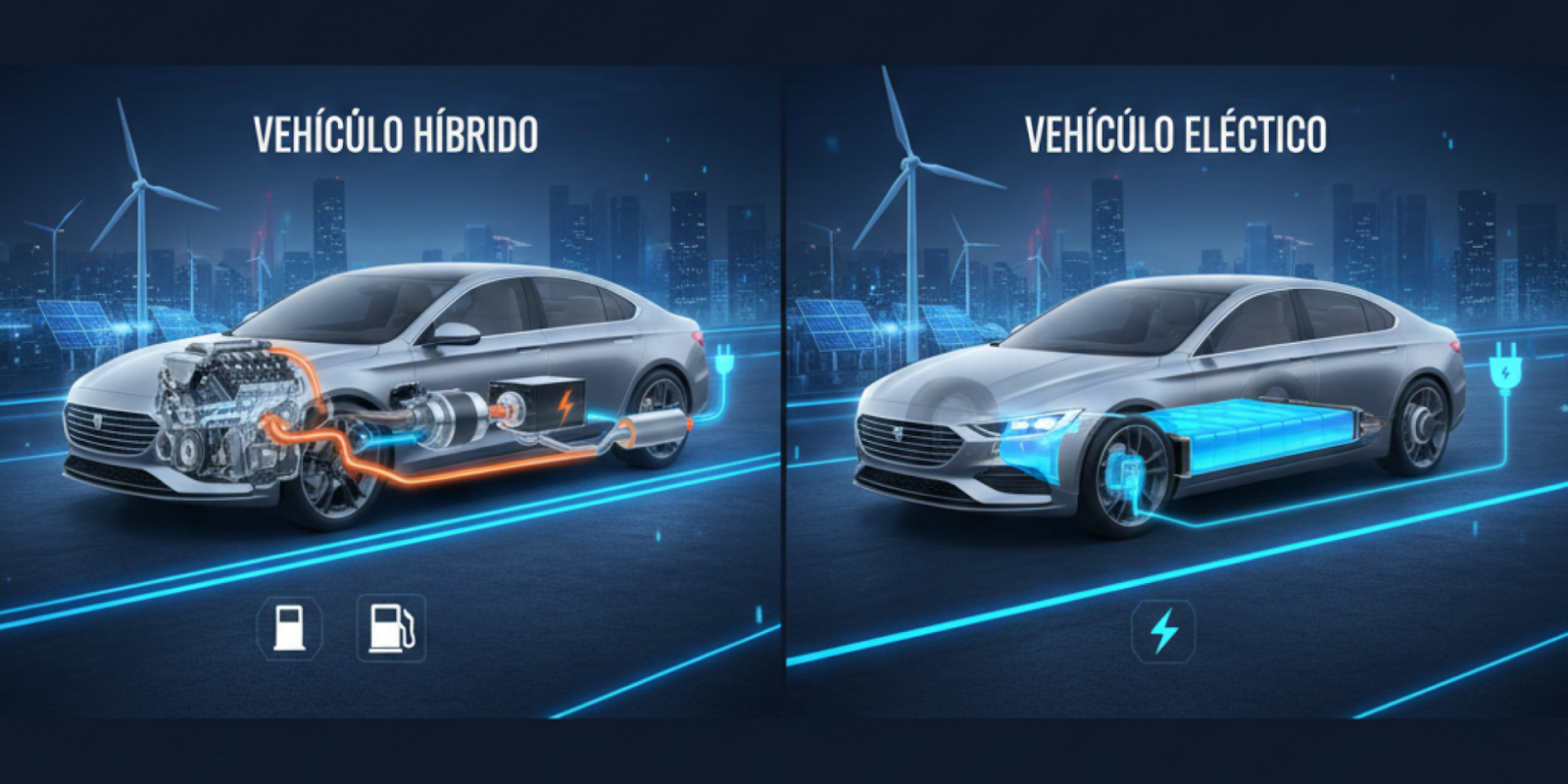 Comparación entre vehículo híbrido con motor de combustión y vehículo eléctrico con batería de litio