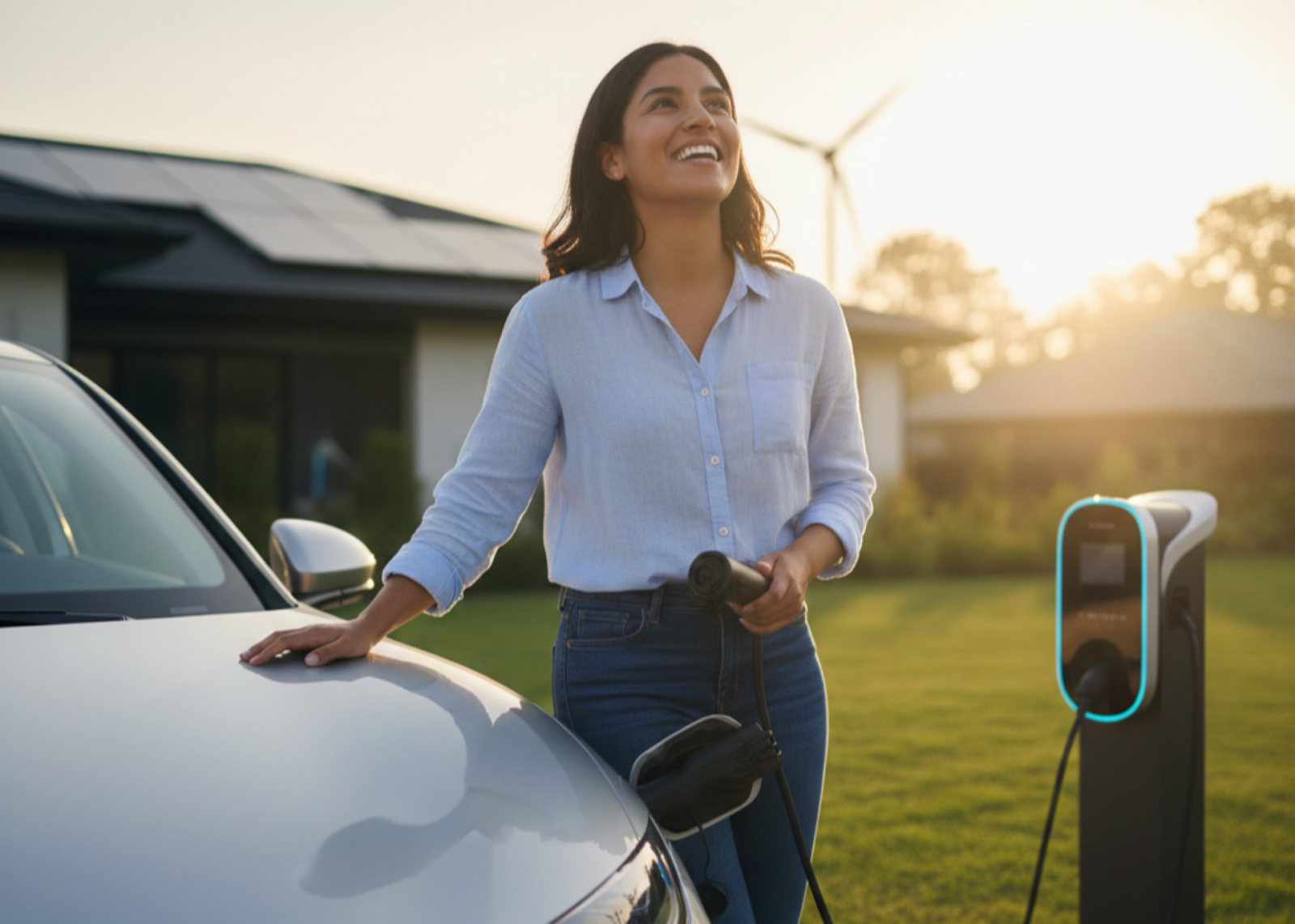 Mujer cargando su vehículo eléctrico en casa con energía renovable y paneles solares al atardecer