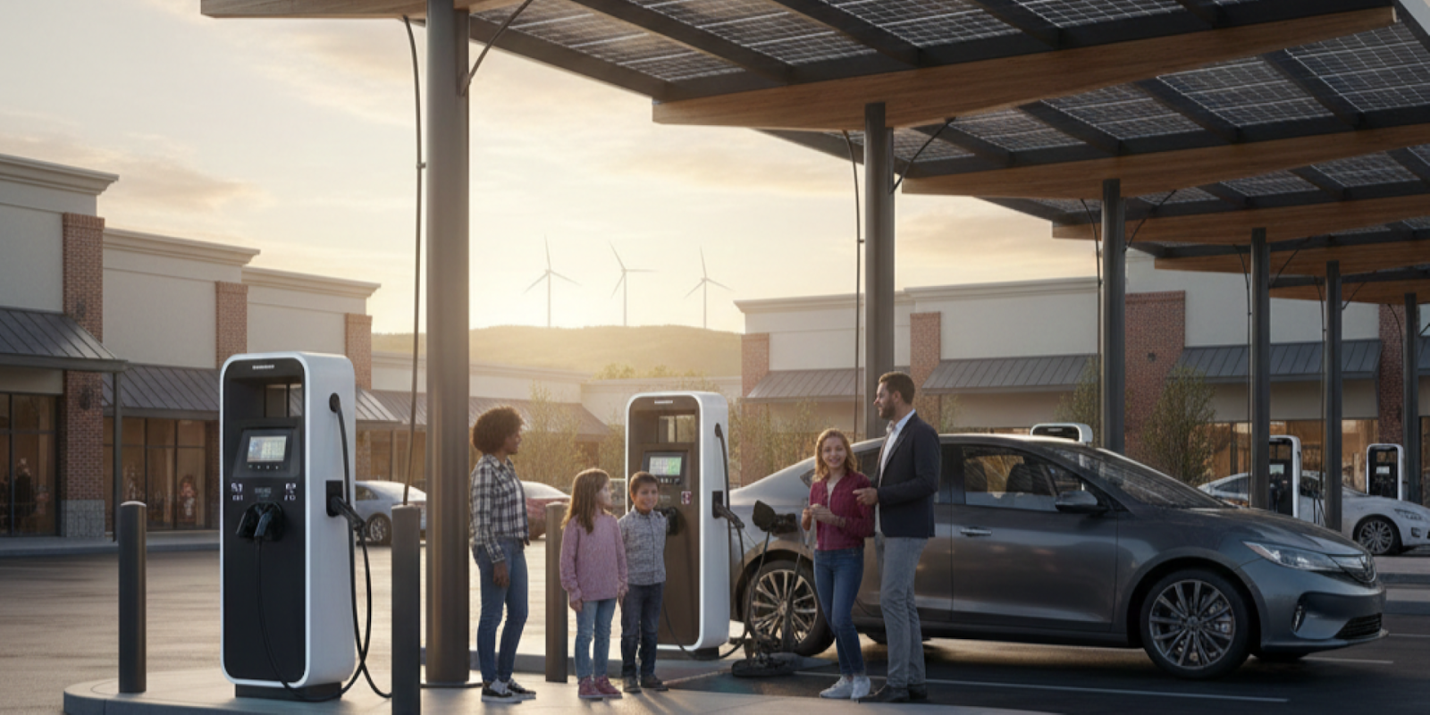 Familia en estación de carga pública para vehículos eléctricos con paneles solares y turbinas eólicas