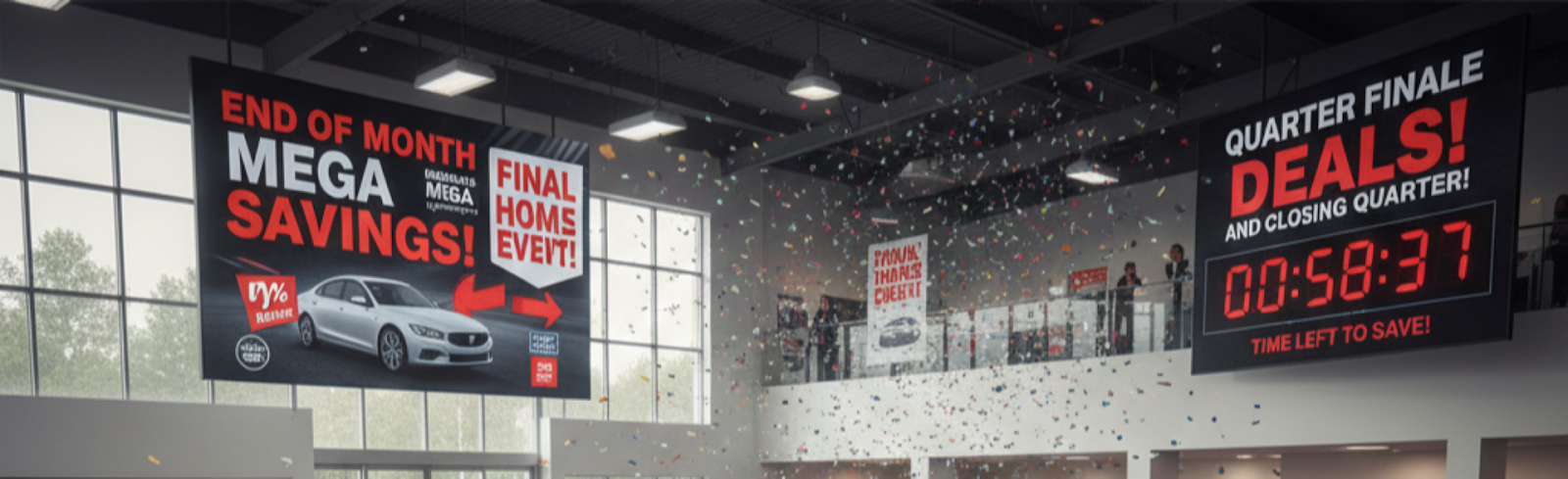 End of month and closing quarter sale banners with countdown timer at car dealership