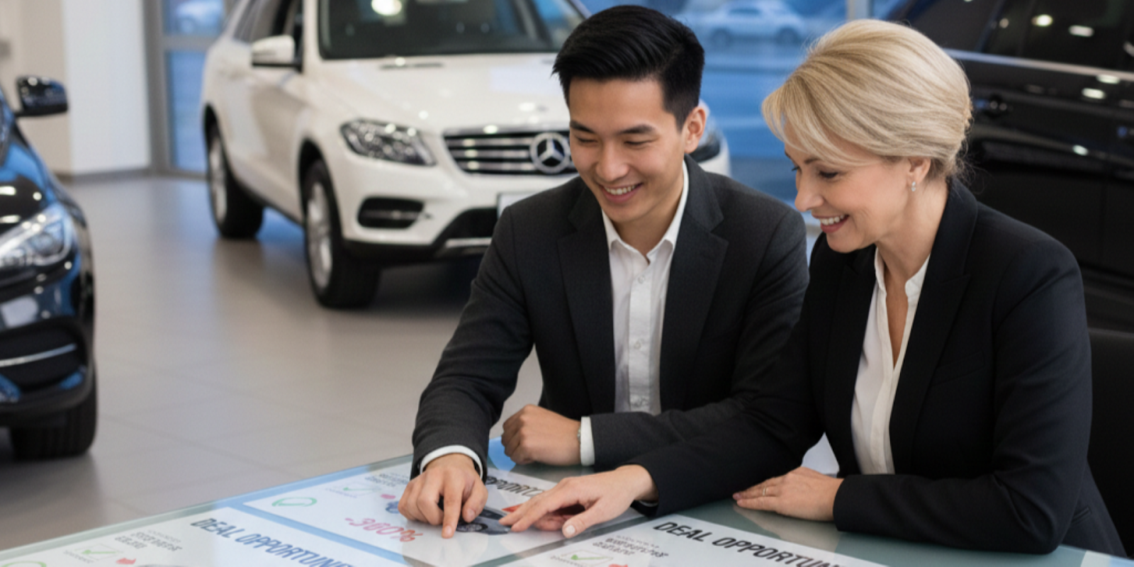 Car buying expert reviewing deal opportunities with client at dealership