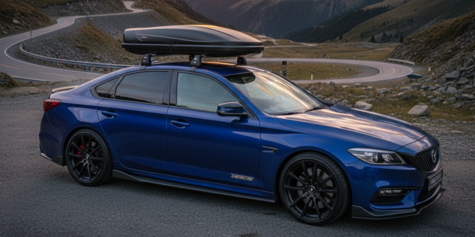 Blue sedan with roof cargo box add-on to negotiate when buying a car