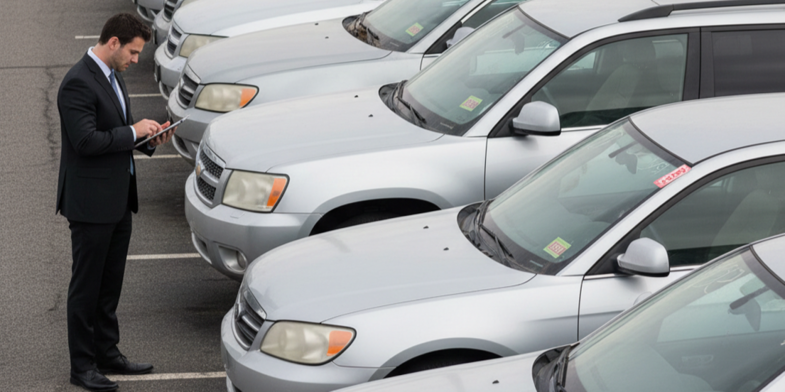 Dealer checking inventory aging on clipboard at car lot with unsold vehicles