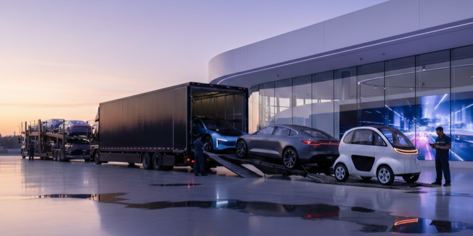 Camión de transporte descargando nuevos modelos de autos en agencia automotriz al atardecer