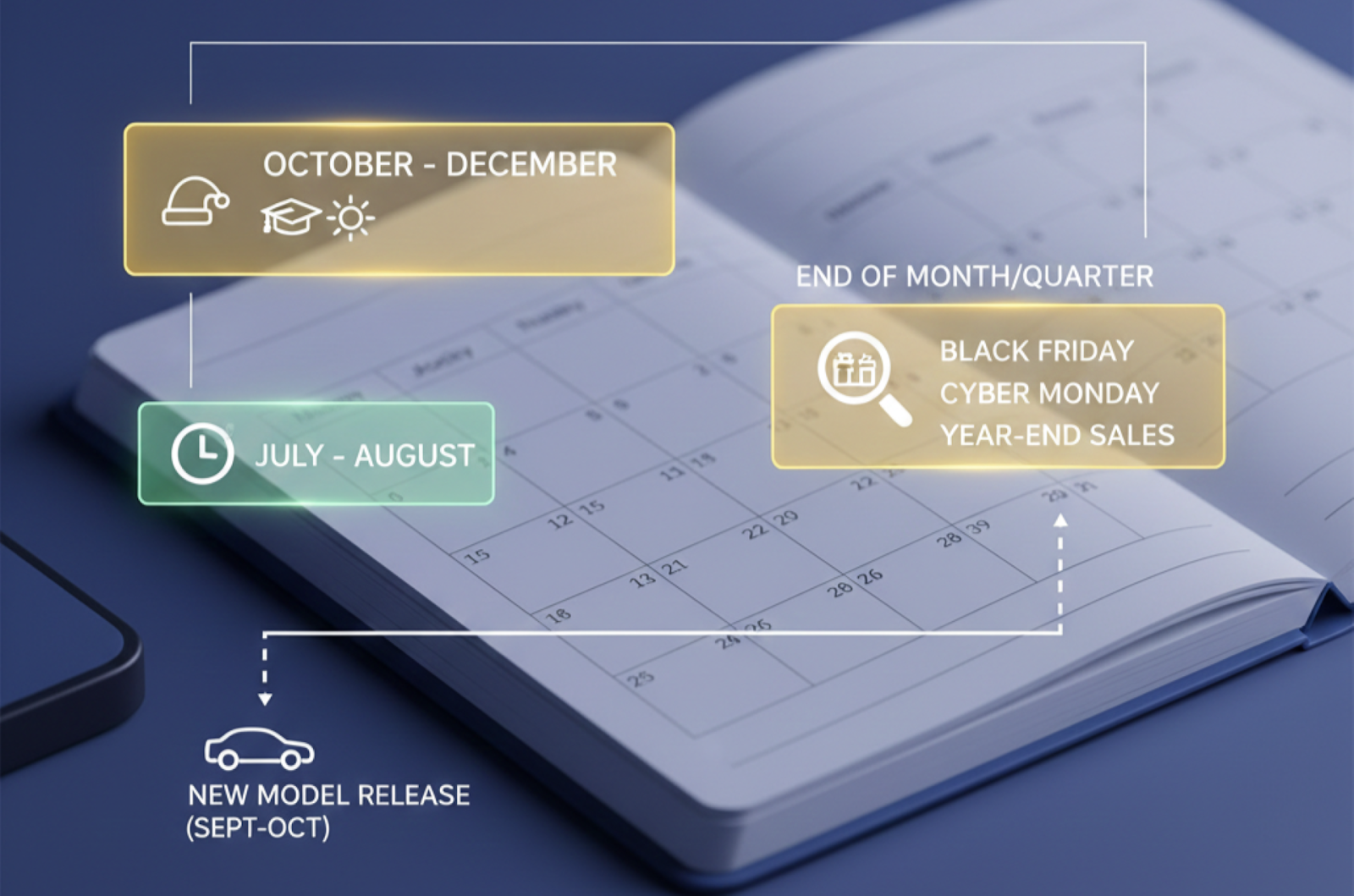 Calendario con los mejores meses para comprar un auto nuevo incluyendo Black Friday y fin de año