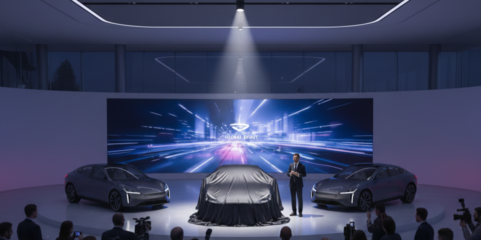 Presentación oficial de nuevos lanzamientos de autos con modelo cubierto en evento exclusivo