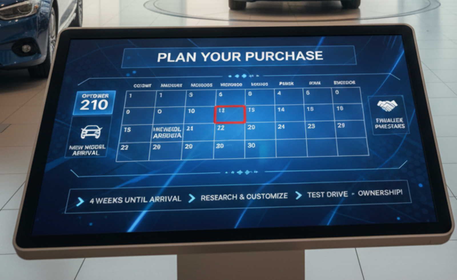 Pantalla digital en agencia mostrando calendario para planificar tu compra de auto nuevo