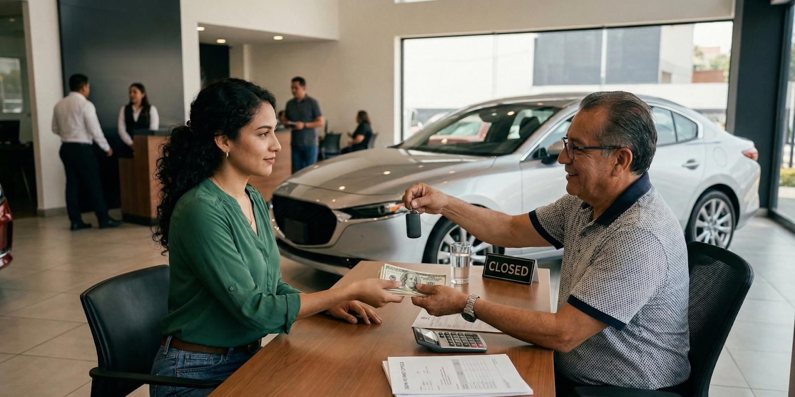 Woman paying cash down payment to dealer receiving car keys at auto dealership