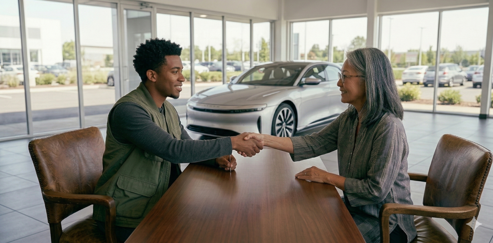Car buyer shaking hands with dealer after agreeing on down payment at dealership