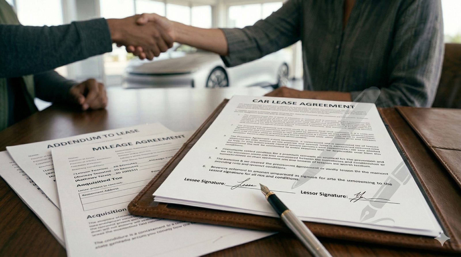 Car lease agreement documents with mileage addendum and pen on dealership desk