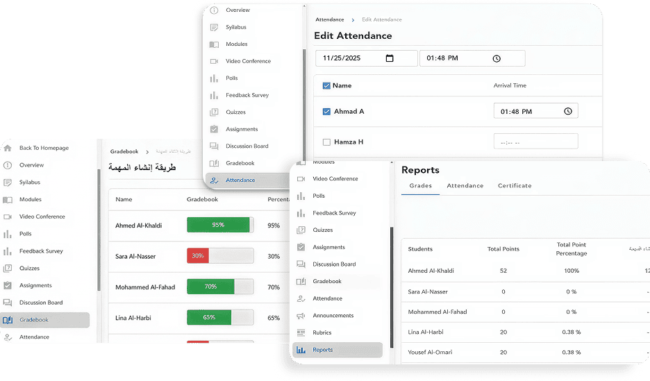 Screens showing an educational platform interface with a gradebook displaying student names and percentages, an attendance editor with checkboxes and times, and a reports section with grades and attendance data.