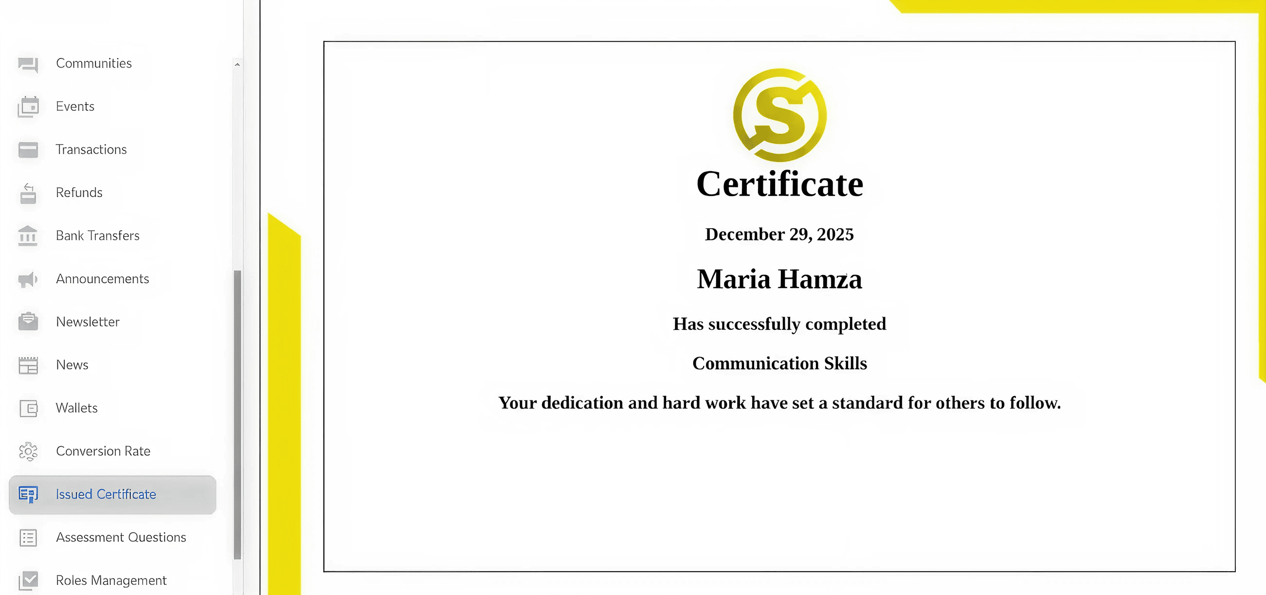 Certificate awarded to Maria Hamza for successfully completing Communication Skills, dated December 29, 2025, with a sidebar menu and a badge showing a grade of 80%.