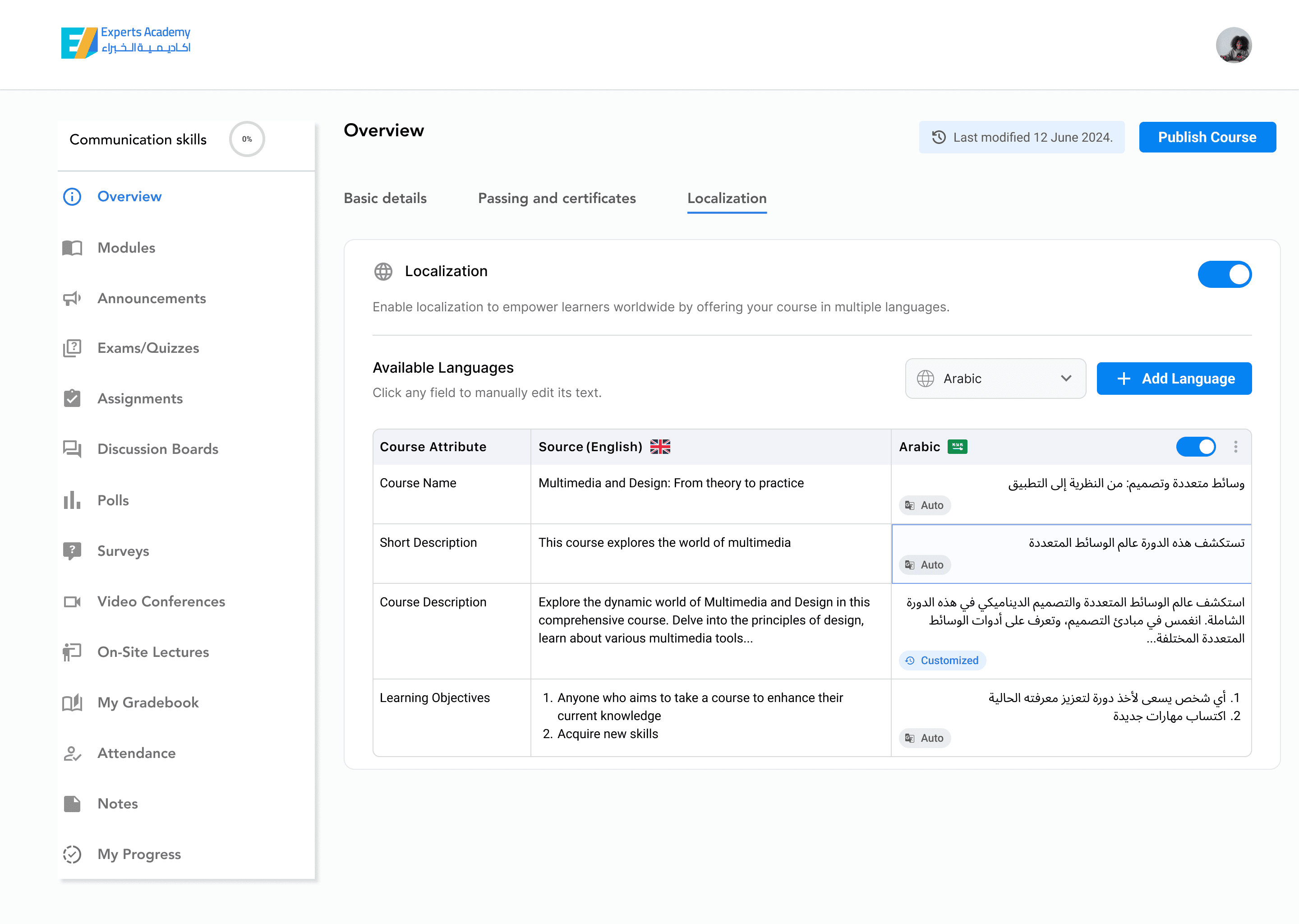 Course localization settings interface showing English and Arabic translations for course name, description, and objectives with toggles and add language option.