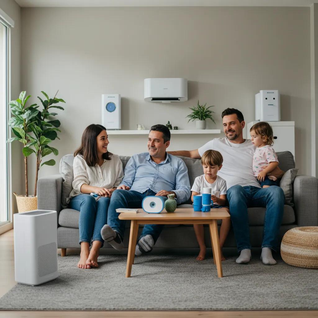 Family enjoying a comfortable indoor environment with visible air quality indicators