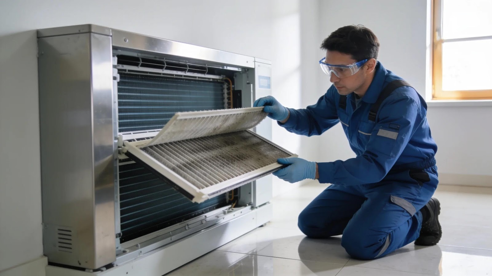 HVAC technician inspecting air system for optimal performance