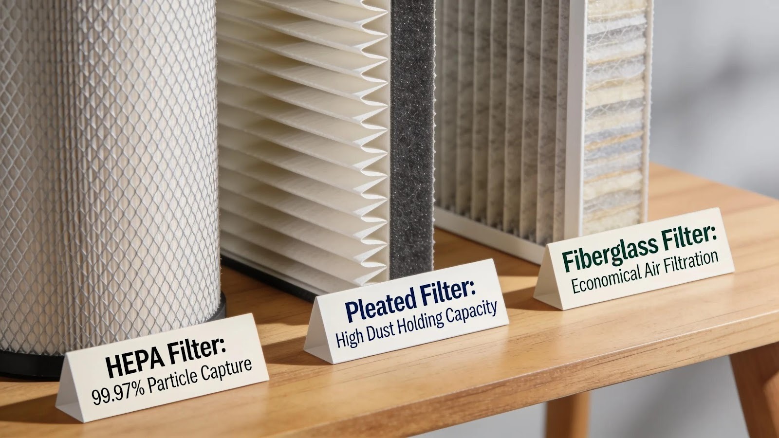 Display of various HVAC filter types for optimal air quality