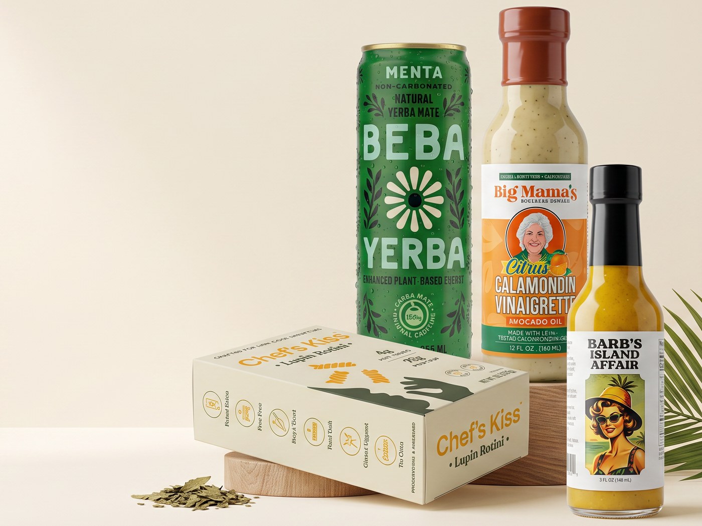 A canned yerba mate drink, a bottle of citrus vinaigrette, a hot sauce and a box of lupin pasta from independent makers, arranged on a cream background.