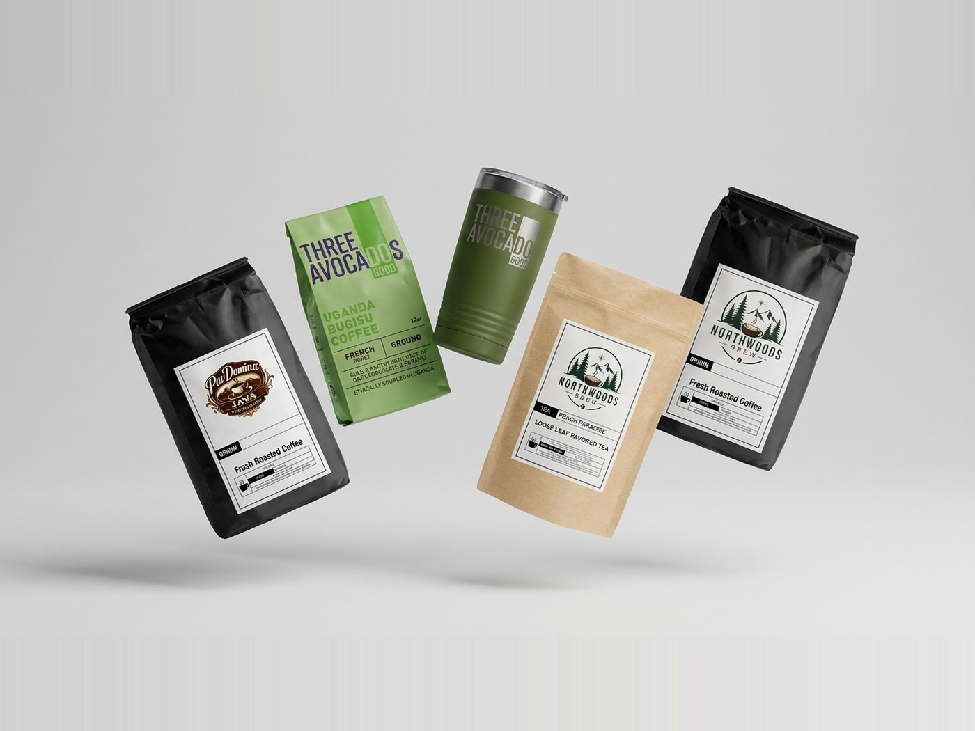 Coffee and loose-leaf tea packaging from independent roasters, with an insulated tumbler, shown floating against a pale grey background.