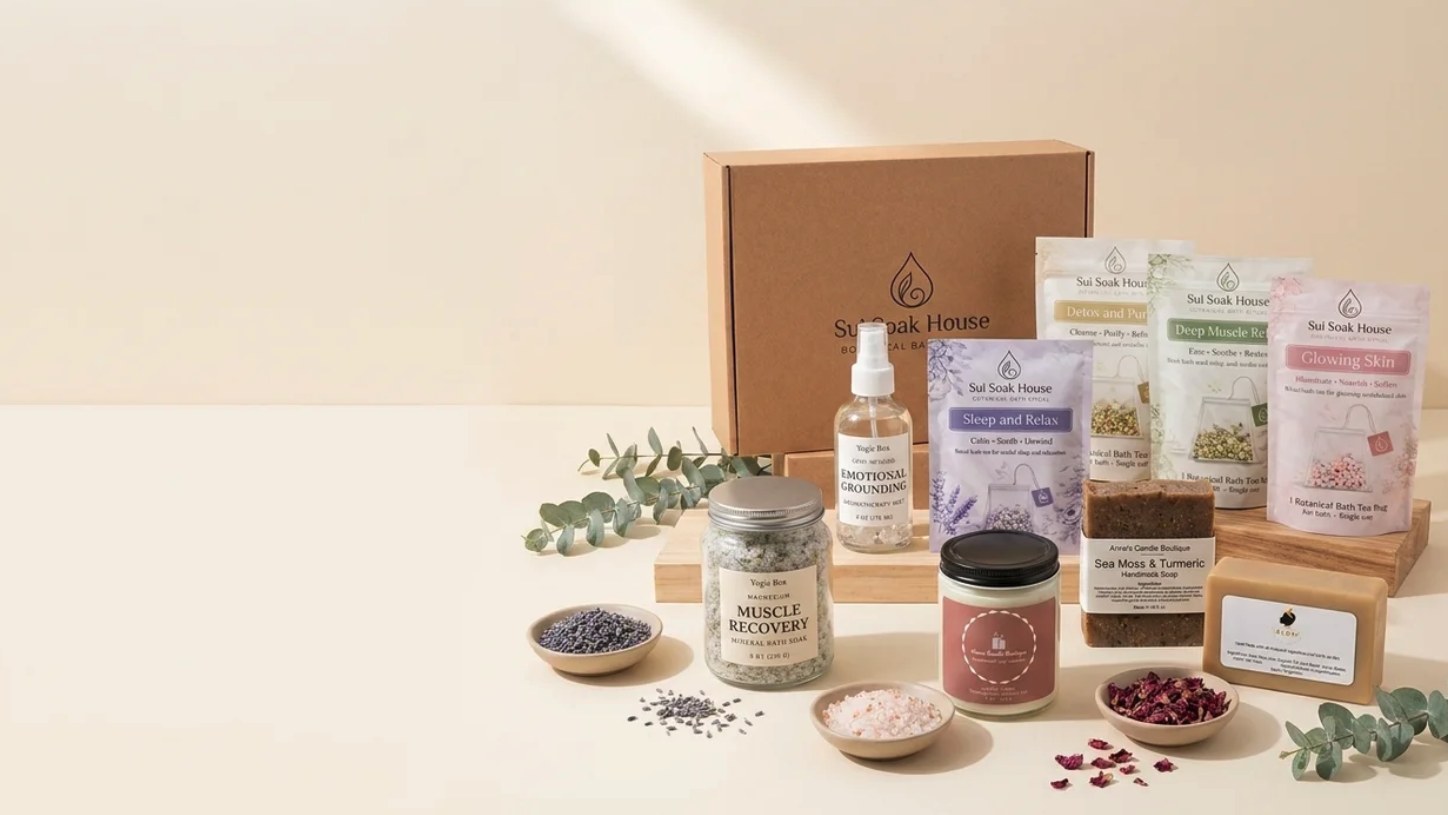 A bath and body gift set from an independent maker — jars of soak, a spray bottle, sachets and small bowls of botanicals on a cream surface.
