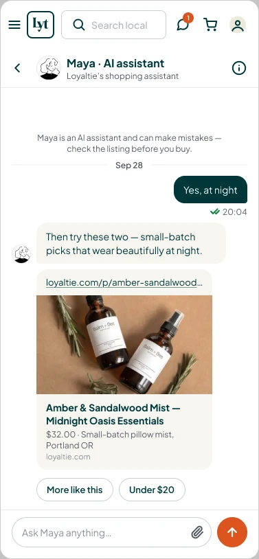 Maya, Loyaltie's AI shopping assistant, recommending a product in chat