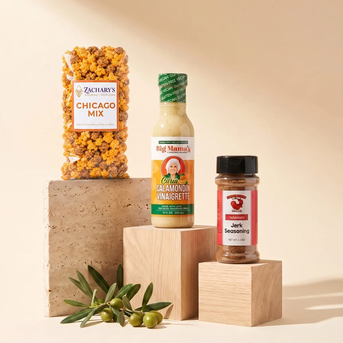 Zachary's Chicago Mix popcorn, Big Mama's Calamondin Vinaigrette and a jerk seasoning on stone and wood blocks