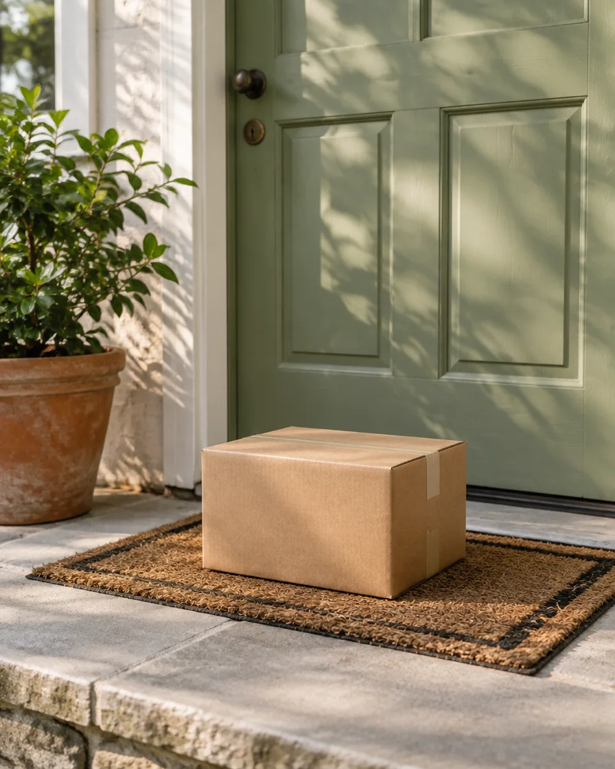 A delivery box waiting on a doormat at a front door