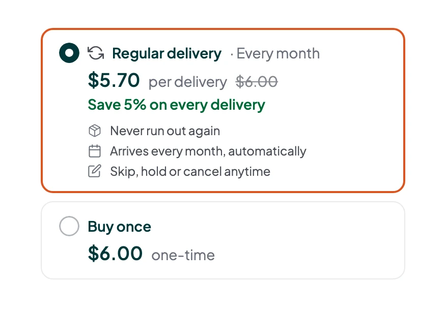 The purchase choice on a Loyaltie product page: Regular delivery every month, or Buy once.