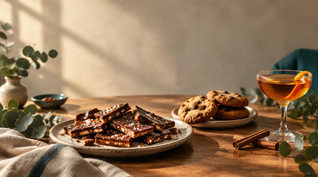 A table set with toffee, cookies and a cocktail