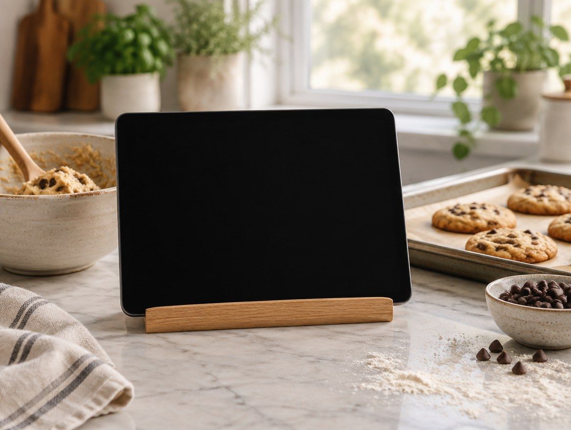 A tablet on a kitchen counter