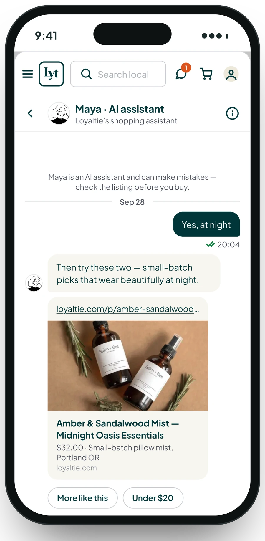 Maya, Loyaltie's shopping assistant, recommending two small-batch products in chat