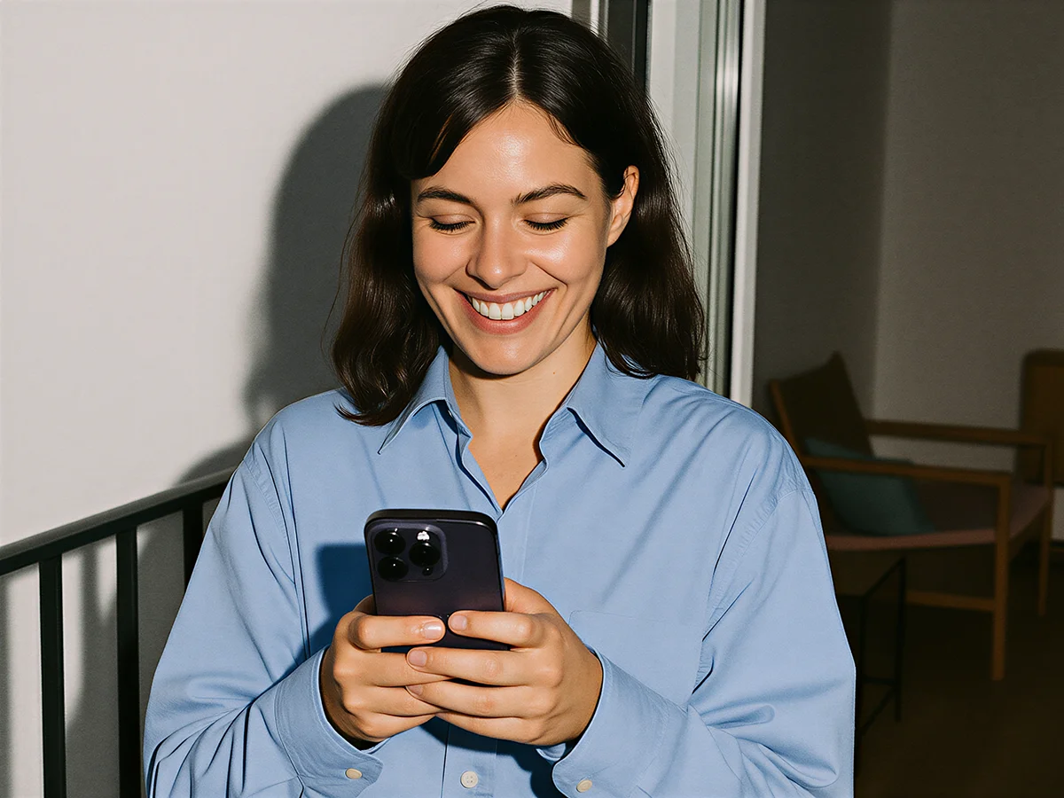 Smiling woman in blue shirt looking at her smartphone indoors.