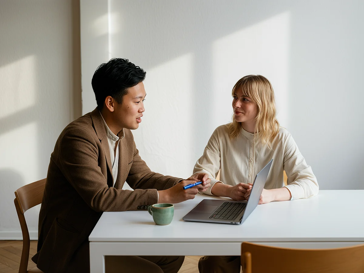 Two young professionals sitting at a white table with a laptop, engaged in a discussion in a sunlit room.