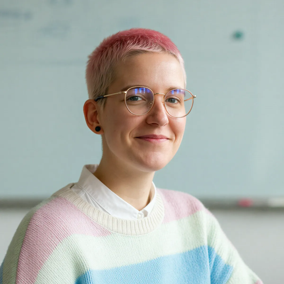 Portrait of a person with short pink hair, wearing round glasses and a pastel-striped sweater, smiling at the camera.