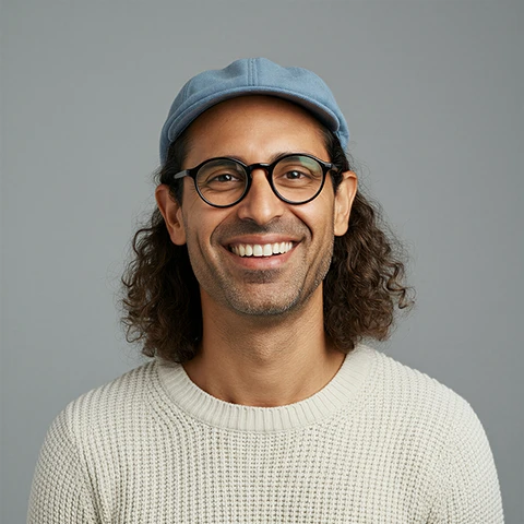 Smiling man with curly hair wearing black round glasses, a blue cap, and a cream knit sweater against a gray background.